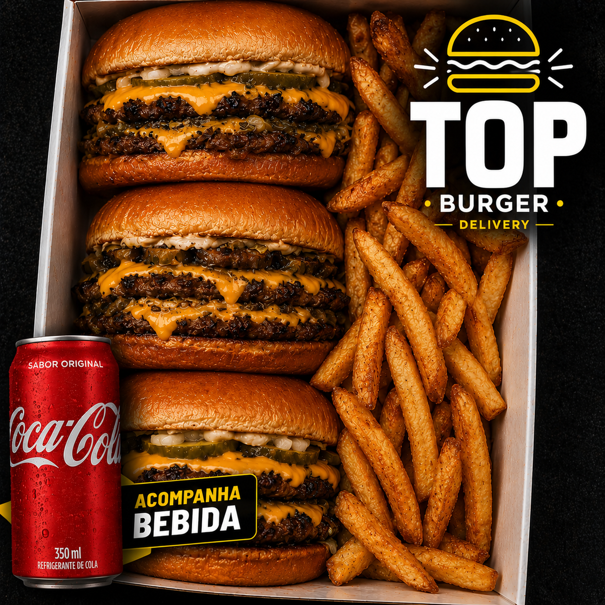 COMBO Trio Smash - 3X Classic Smash Burguer + 500g Fritas + Coca-Cola 2L